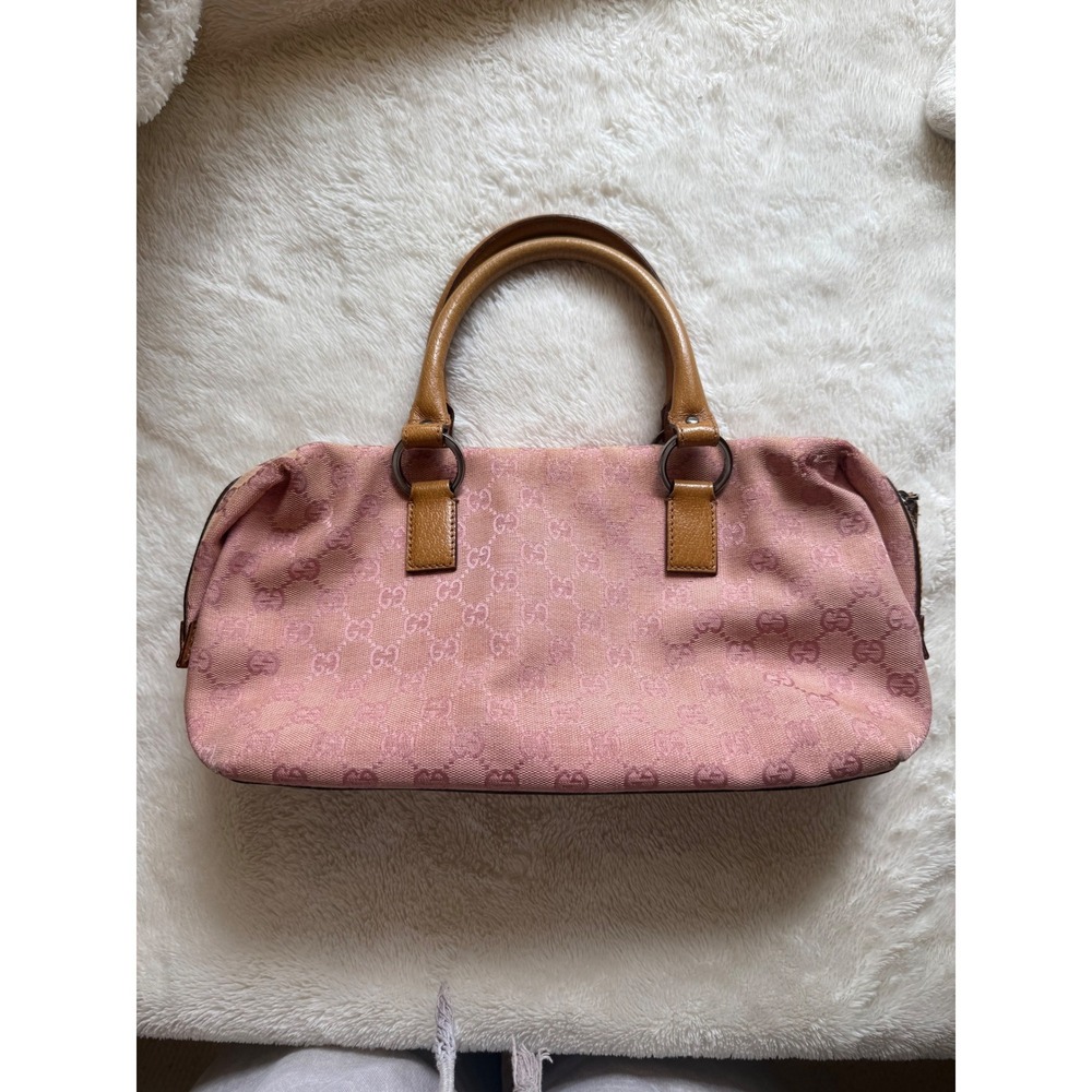 Gucci Pink GG Monogram Canvas Leather Trim Satchel Hand Bag Size OS